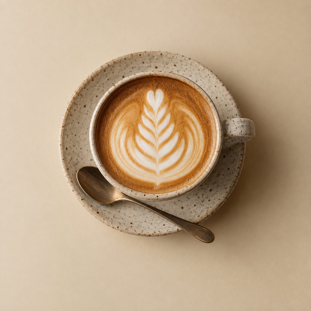 A flat white with a rosetta in a speckled ceramic cup, seen from above