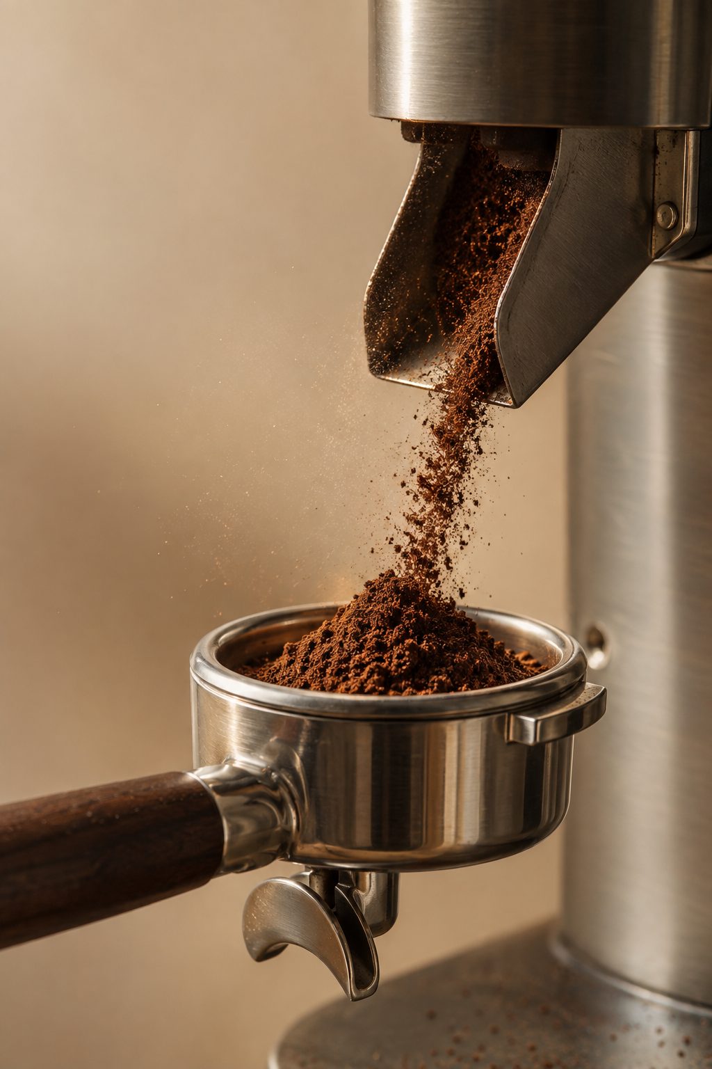 Freshly ground coffee falling from a burr grinder