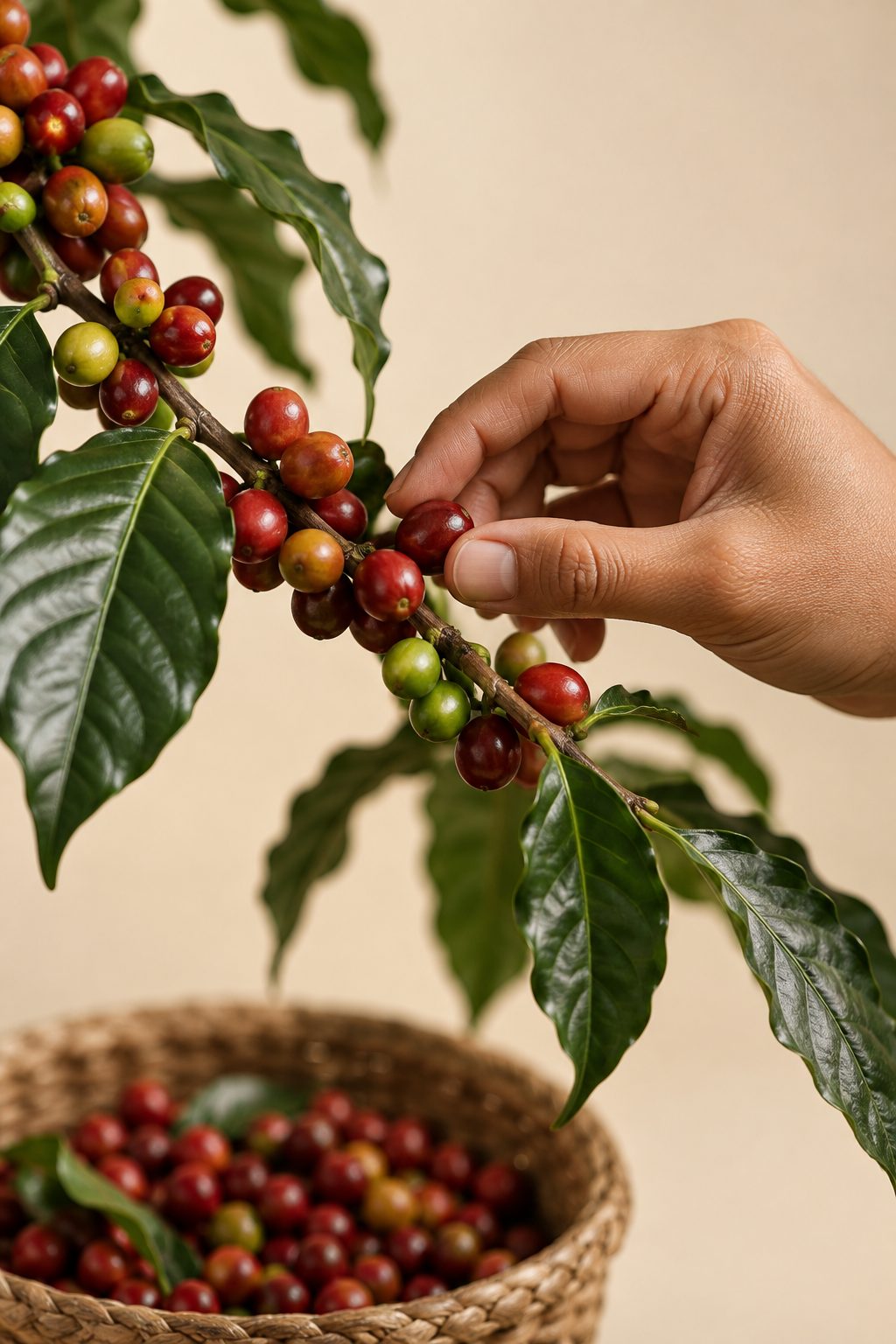 A hand picking ripe red coffee cherries from the branch