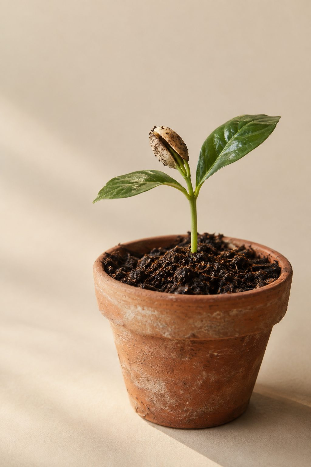 A coffee seedling breaking through dark soil