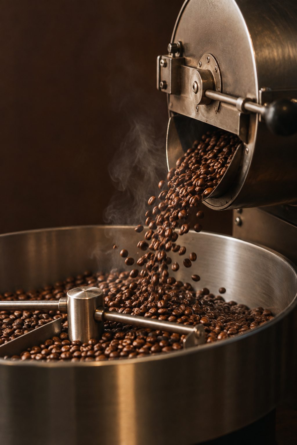 Coffee beans tumbling in a drum roaster