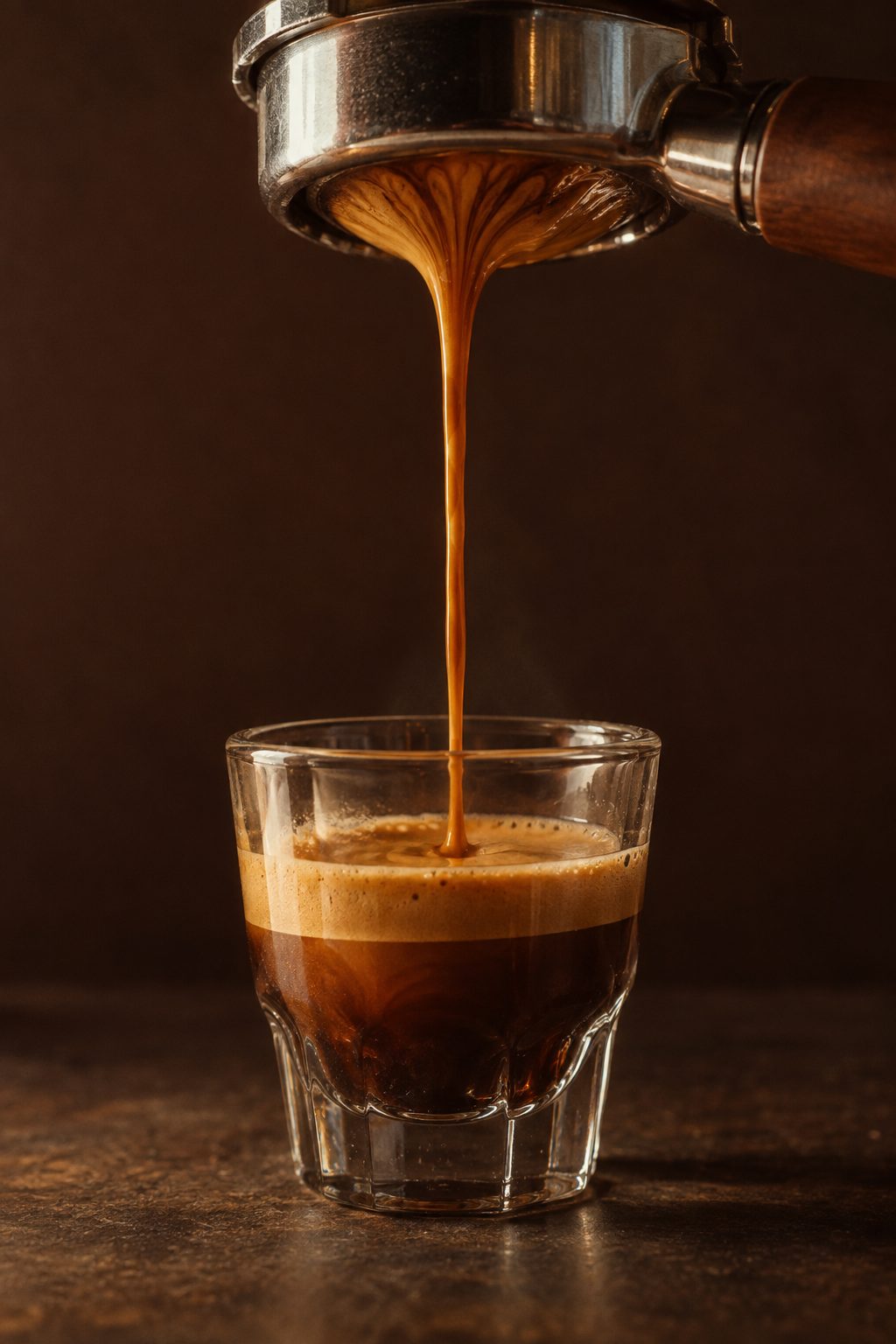 An espresso shot pouring into a small glass